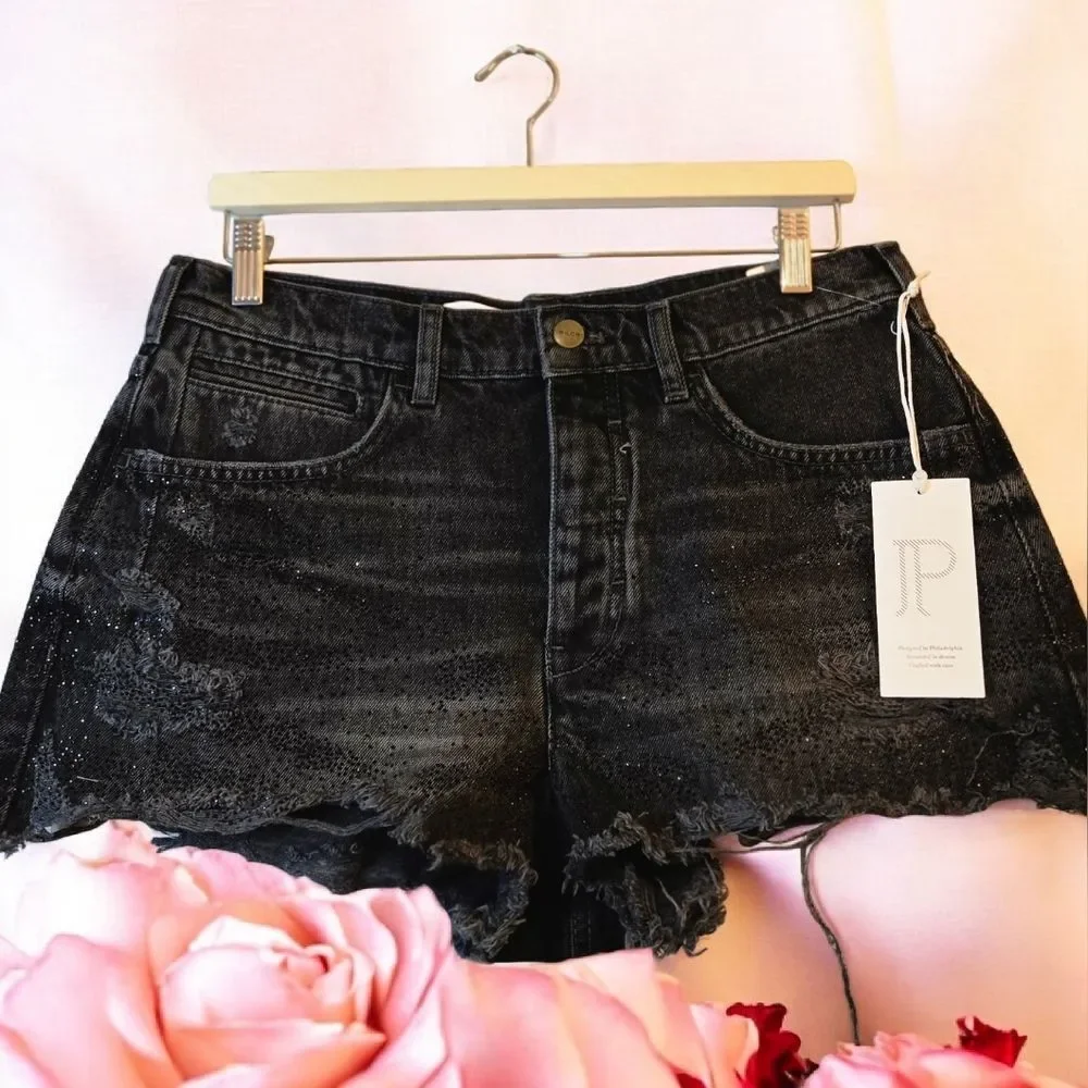 The Devon Rhinestone Distressed Denim Shorts by Pilcro NWT Size 30 - Picture 5 of 15